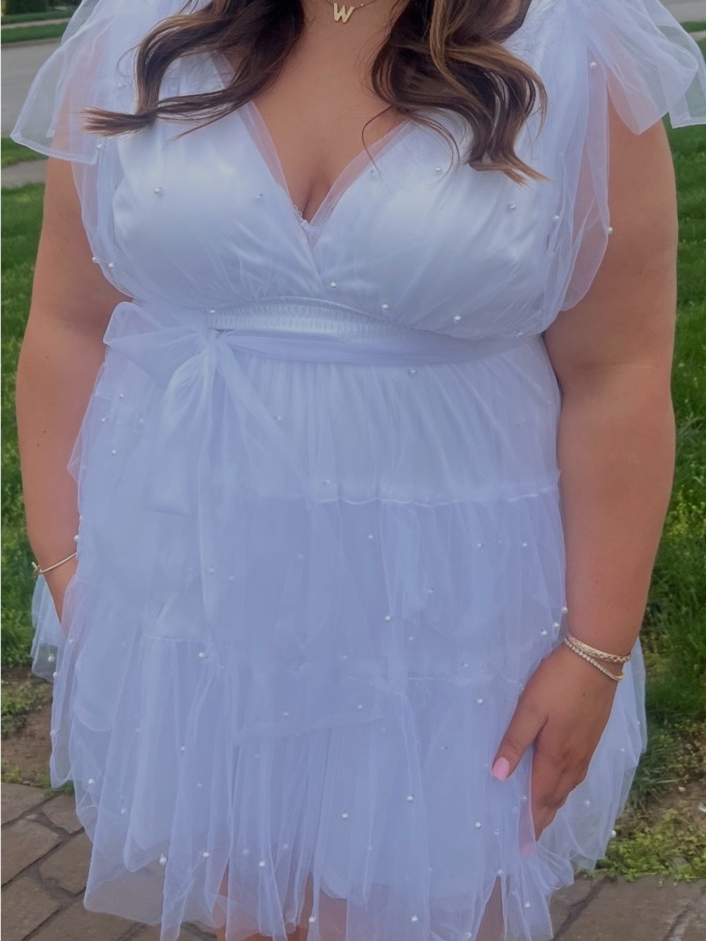 Francesca's Limelight Collections White Pearl-Accented Tulle Dress XL
